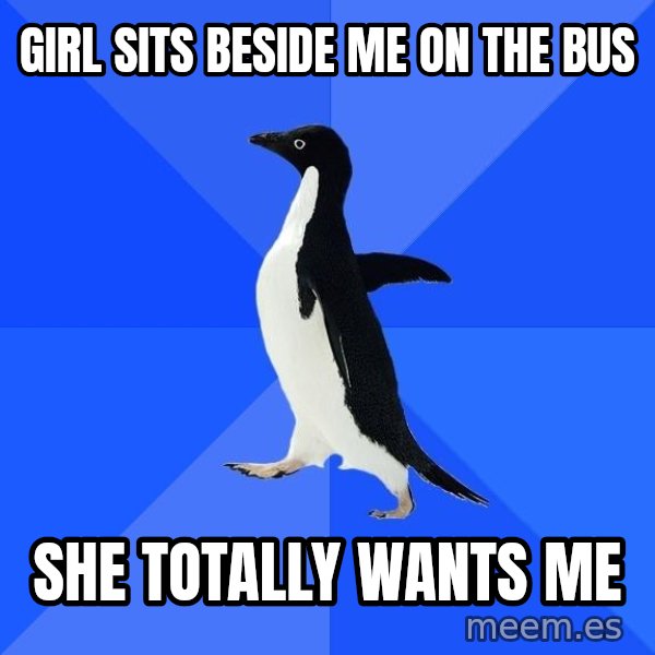 Socially Awkward Penguin meme: Girl sits beside me on the bus / She totally wants me