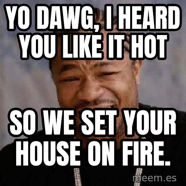 Yo Dawg meme: yo dawg, i heard you like it hot / so we set your house on fire.