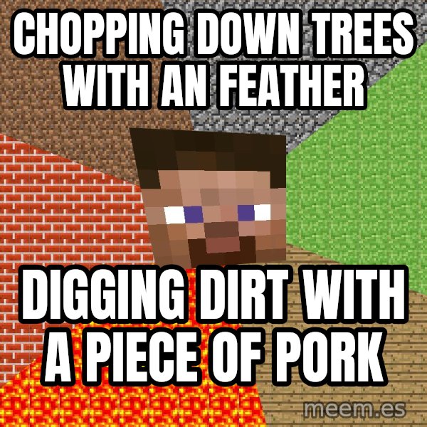 Minecraft Guy meme: chopping down trees with an feather / digging dirt with a piece of pork
