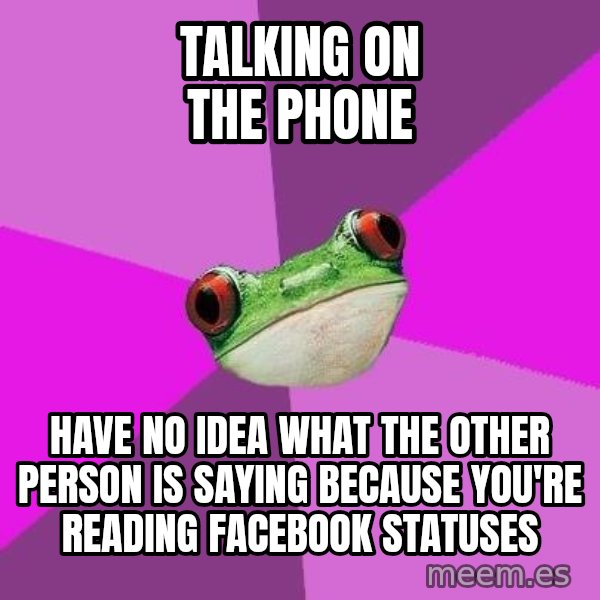 Foul Bachelorette Frog meme: Talking on the phone / have no idea what the other person is saying because you're reading facebook statuses