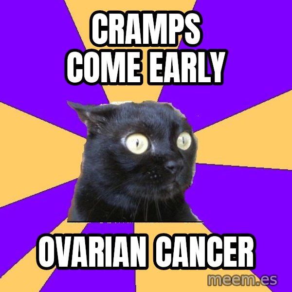 Anxiety Cat meme: Cramps come early / ovarian cancer