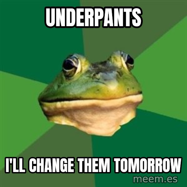 Foul Bachelor Frog meme: UNDERPANTS / I'LL CHANGE THEM TOMORROW