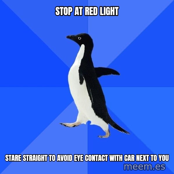 Socially Awkward Penguin meme: Stop at red light / stare straight to avoid eye contact with car next to you
