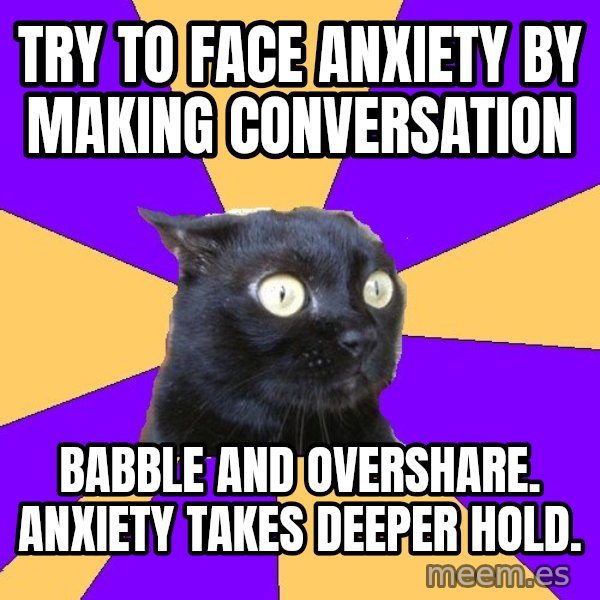 Anxiety Cat meme: try to face anxiety by making conversation / babble and overshare. anxiety takes deeper hold.