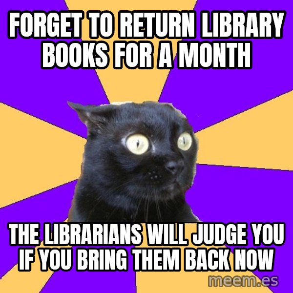 Anxiety Cat meme: FORGET TO RETURN LIBRARY BOOKS FOR A MONTH / THE LIBRARIANS WILL JUDGE YOU IF YOU BRING THEM BACK NOW