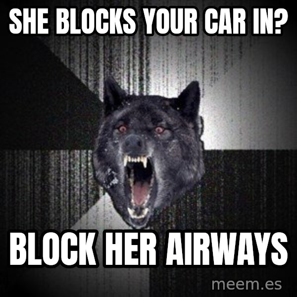 Insanity Wolf meme: She blocks your car in? / Block her airways