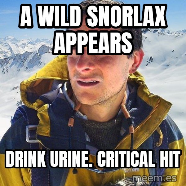 Bear Grylls meme: a wild snorlax appears / drink urine. critical hit