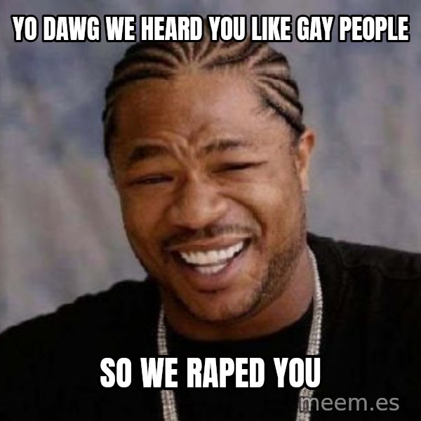 xzibit-yo-dawg meme: YO DAWG WE HEARD YOU LIKE GAY PEOPLE / SO WE RAPED YOU