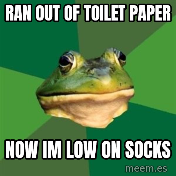 Foul Bachelor Frog meme: Ran out of Toilet paper / now im low on socks
