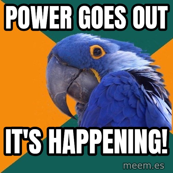 Paranoid Parrot meme: Power goes out / it's happening!