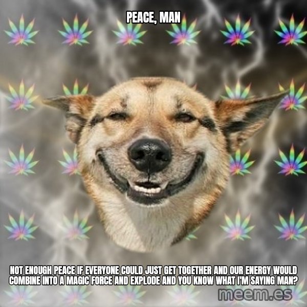 Stoner Dog meme: PEACE, MAN / NOT ENOUGH PEACE IF EVERYONE COULD JUST GET TOGETHER AND OUR ENERGY WOULD COMBINE INTO A MAGIC FORCE AND EXPLODE AND  YOU KNOW WHAT I'M SAYING MAN?