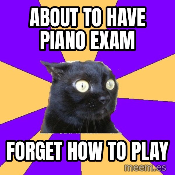 Anxiety Cat meme: about to have piano exam / forget how to play