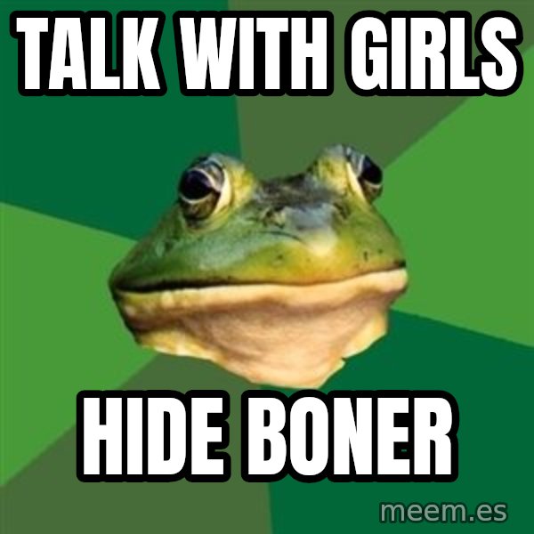 Foul Bachelor Frog meme: Talk with girls / hide boner