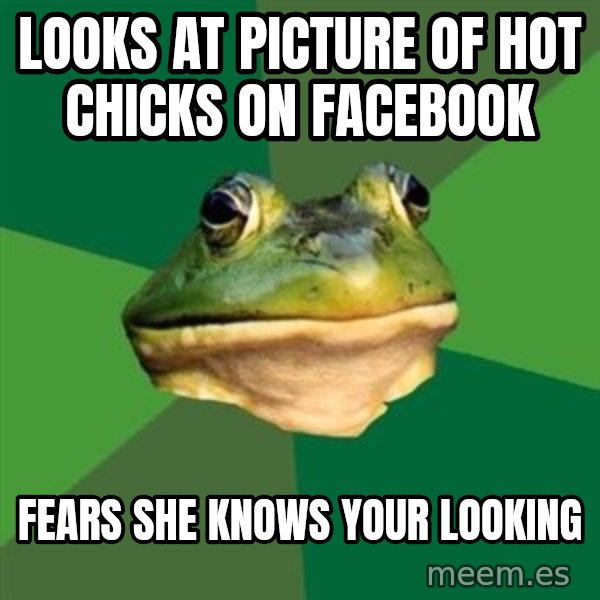 Foul Bachelor Frog meme: looks at picture of hot chicks on facebook / fears she knows your looking