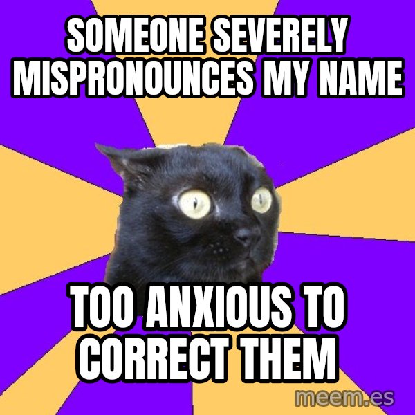 Anxiety Cat meme: someone severely mispronounces my name / too anxious to correct them
