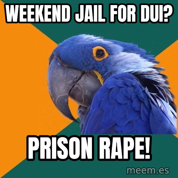 Paranoid Parrot meme: weekend jail for dui? / prison rape!