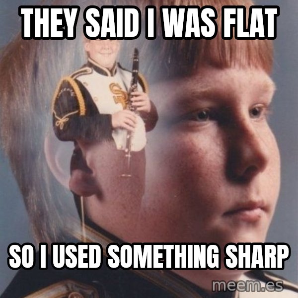 PTSD Clarinet Boy meme: They said I was flat / So I used something sharp
