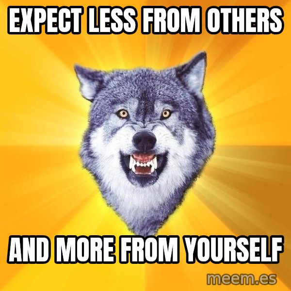 Courage Wolf meme: EXPECT LESS FROM OTHERS / AND MORE FROM YOURSELF