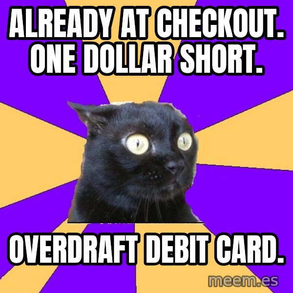 Anxiety Cat meme: Already at Checkout. One Dollar short. / Overdraft debit card.