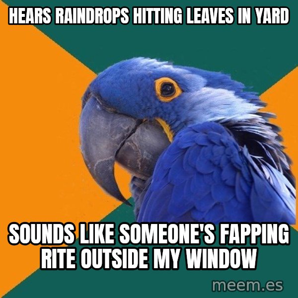 Paranoid Parrot meme: hears raindrops hitting leaves in yArd / sounds like someone's fapping rite outside my window
