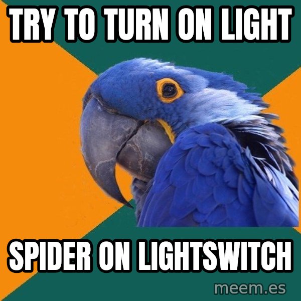 Paranoid Parrot meme: Try to turn on light / spider on lightswitch