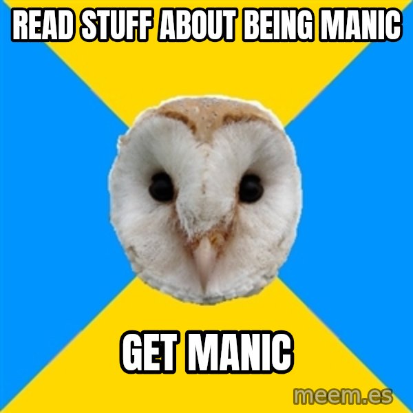 Bipolar Owl meme: READ STUFF ABOUT BEING MANIC / GET MANIC