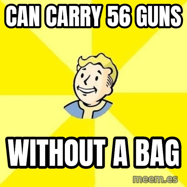 Fallout 3 meme: can carry 56 guns / Without a bag