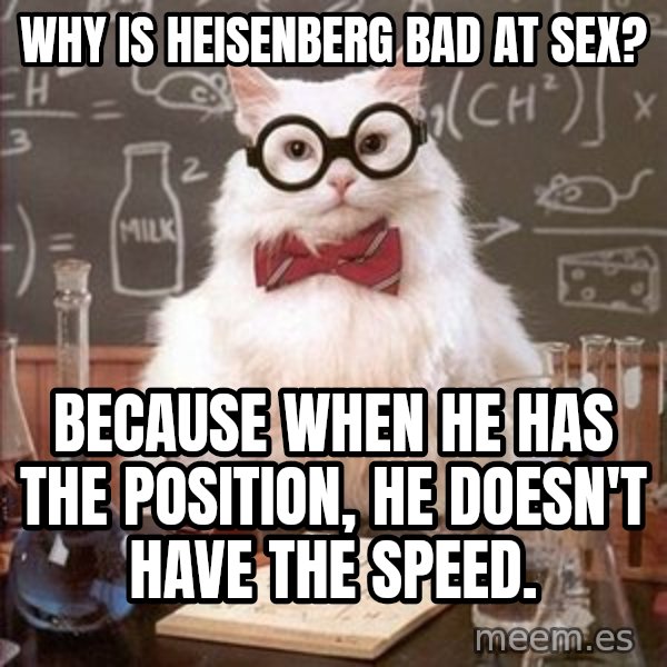Chemistry Cat meme: why is heisenberg bad at sex? / Because when he has the position, he doesn't have the speed.