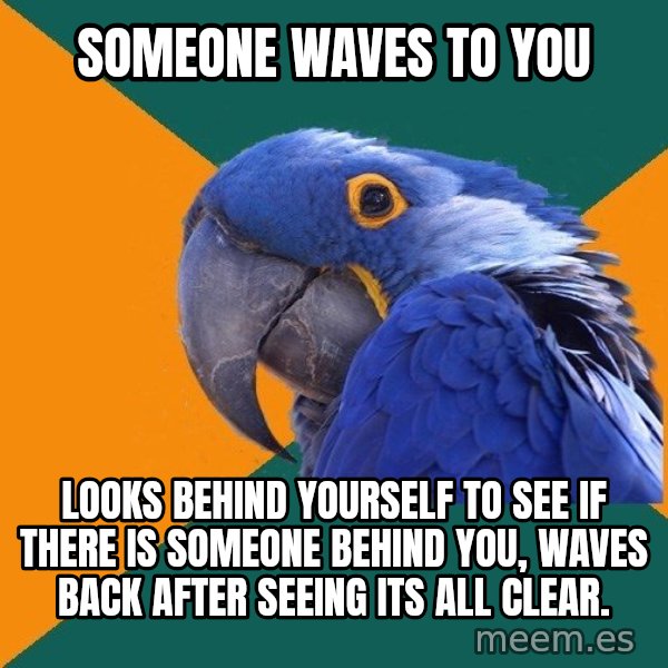 Paranoid Parrot meme: someone waves to you / looks behind yourself to see if there is someone behind you, waves back after seeing its all clear.