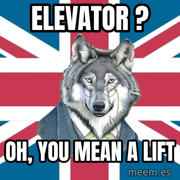 Sir Courage Wolf Esquire meme: elevator ? / oh, you mean a lift