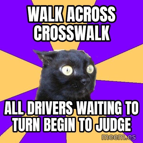 Anxiety Cat meme: walk across crosswalk / all drivers waiting to turn begin to judge