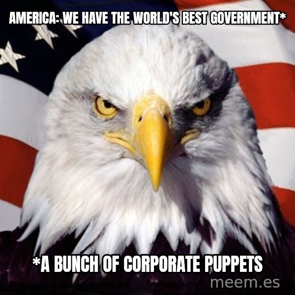 American Pride Eagle meme: America: WE have the world's best government* / *A bunch of corpOrate Puppets