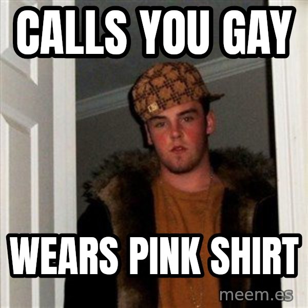 Scumbag Steve meme: calls you gay / wears pink shirt