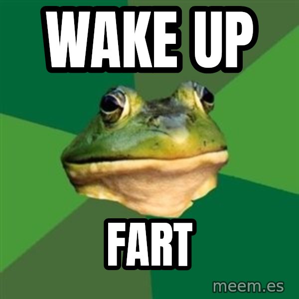 Foul Bachelor Frog meme: wake up / fart