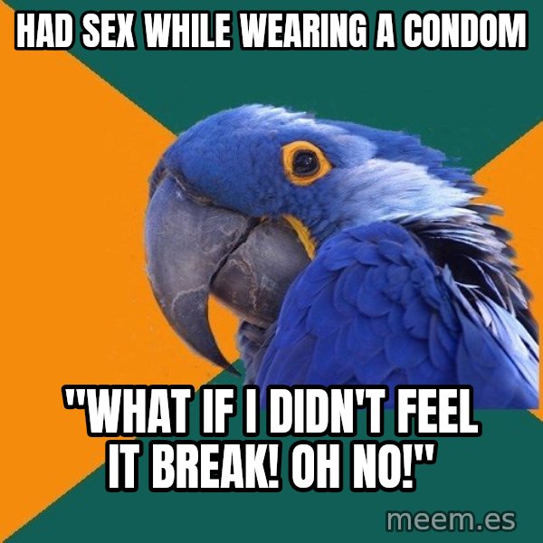 Paranoid Parrot meme: HaD sex while wearing a condom / "What if I didn't feel it break! OH NO!"