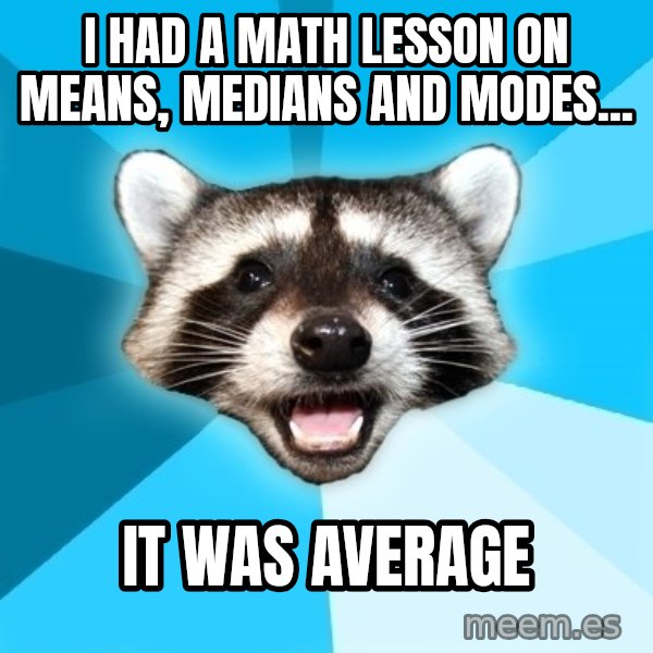 Lame Pun Coon meme: i had a math lesson on means, medians and modes... / it was average