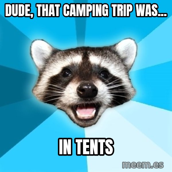 Lame Pun Coon meme: dude, that camping trip was... / in tents