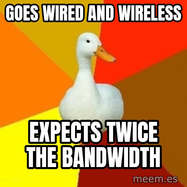Technologically Impaired Duck meme: goes wired and wireless / expects twice the bandwidth