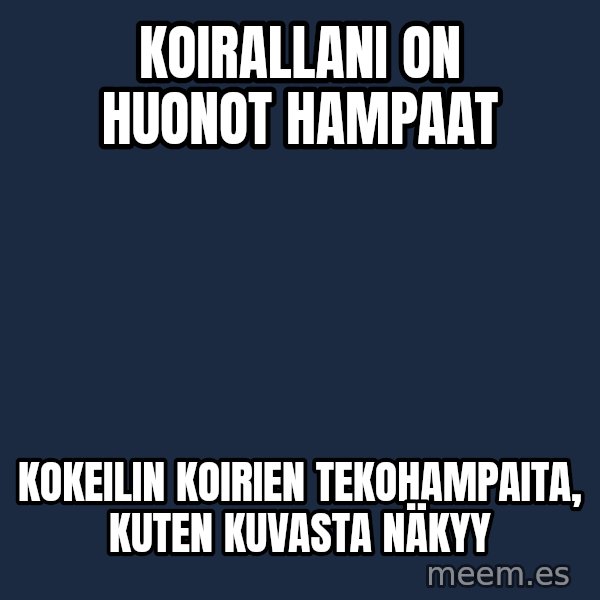 Katainen Perkele meme: koirallani   on     huonot  hampaat / kokeilin   koirien     tekohampaita,  kuten   kuvasta  näkyy