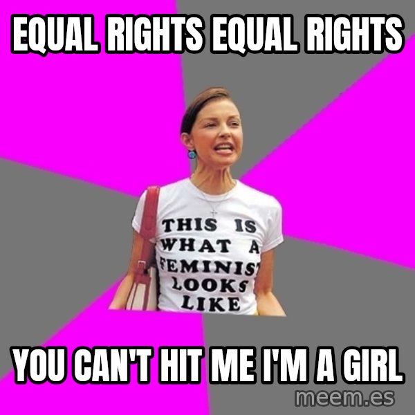 Feminist Cunt meme: EQUAL RIGHTS EQUAL RIGHTS / YOU CAN'T HIT ME I'M A GIRL
