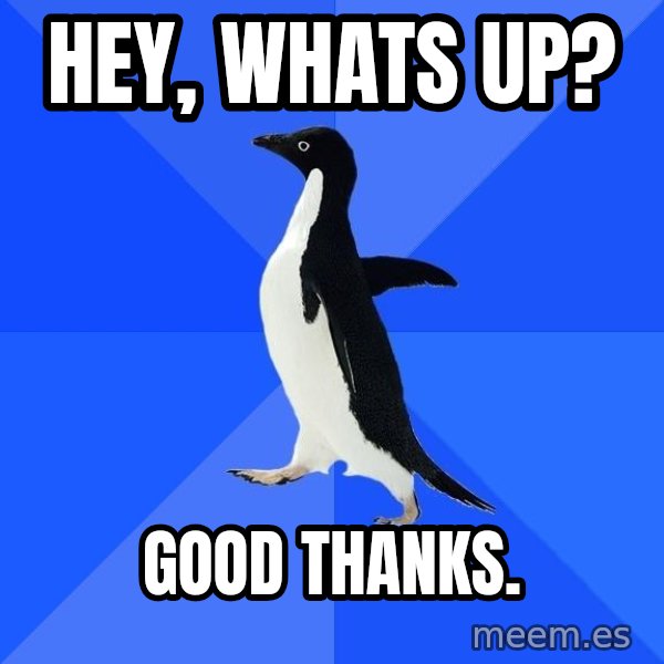 Socially Awkward Penguin meme: Hey, whats up? / good thanks.