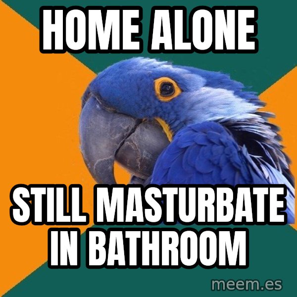 Paranoid Parrot meme: home alone / still masturbate in bathroom