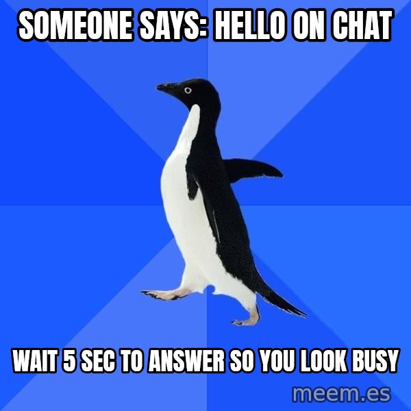 Socially Awkward Penguin meme: someone says: hello on chat / wait 5 sec to answer so you look busy