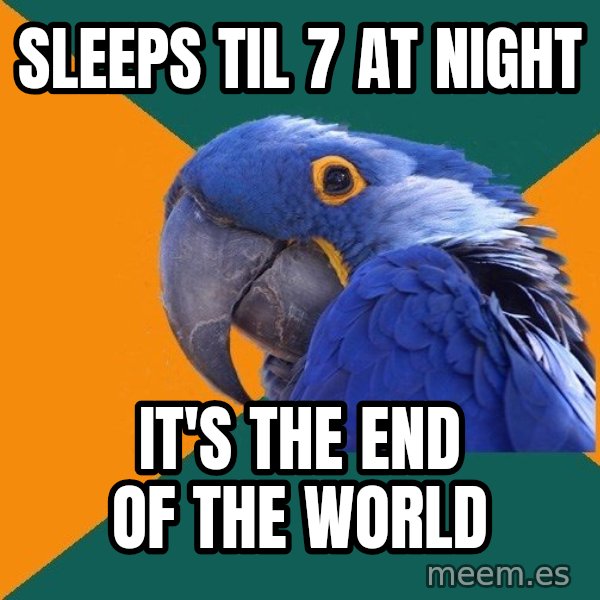 Paranoid Parrot meme: Sleeps Til 7 At night / It's the end of the world