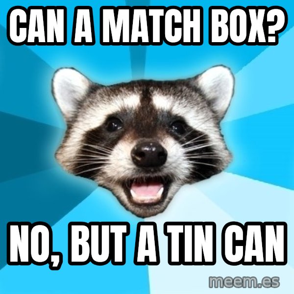 Lame Pun Coon meme: can a match box? / no, but a tin can