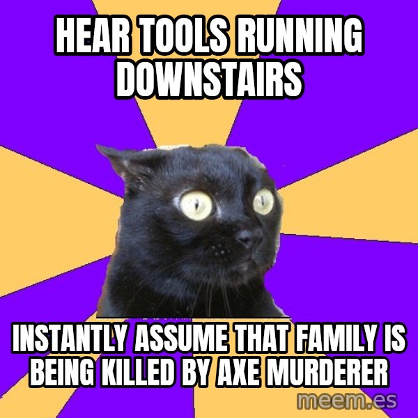 Anxiety Cat meme: Hear tools running downstairs / instantly assume that family is being killed by axe murderer