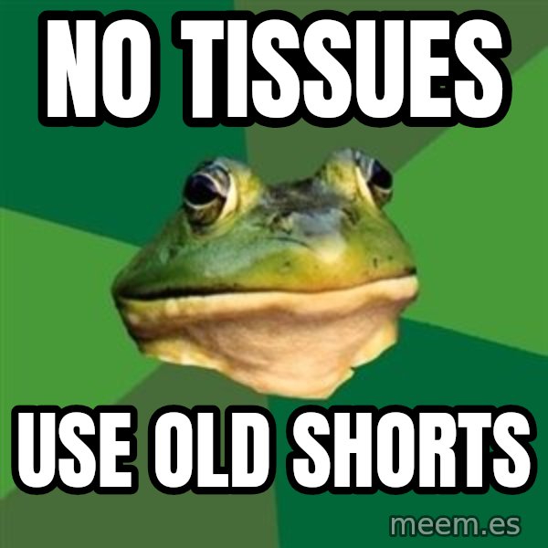 Foul Bachelor Frog meme: No tissues / Use old shorts