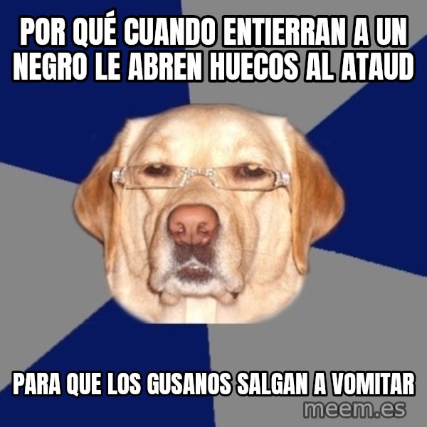 Racist Dog meme: Por qué cuando entierran a un negro le abren huecos al ataud / Para que los gusanos salgan a vomitar