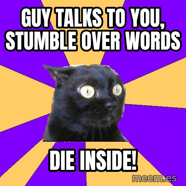 Anxiety Cat meme: Guy talks to you, stumble over words / Die inside!