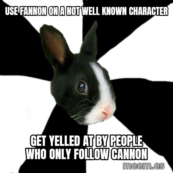 Roleplaying Rabbit meme: use fannon on a not well known character / get yelled at by people who only follow cannon